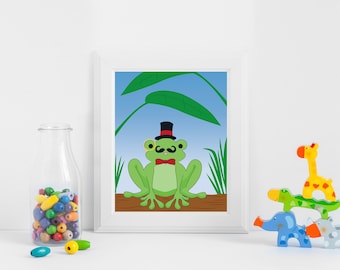Frog in a top hat with monocle in a mushroom field art print