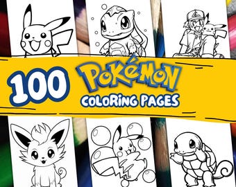 100 Cute Pokemon Coloring Pages, Cartoon Coloring Book For Children Activity Digital Download PDF Printable Coloring Pages