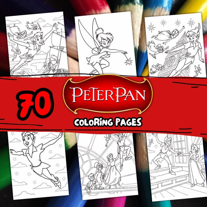 May include: A collection of Peter Pan coloring pages featuring various scenes and characters from the classic story. The pages are black and white line drawings, ready for coloring. The image includes the text "70 Peter Pan Coloring Pages".