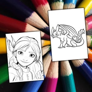 May include: Two black and white line art drawings of characters from the movie "How to Train Your Dragon" are displayed. The drawings are on white paper, surrounded by a fan of colourful pencils.