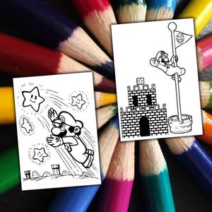 Peut inclure: Deux pages &agrave; colorier en noir et blanc mettant en sc&egrave;ne des personnages de Mario. L'une montre Mario volant avec des &eacute;toiles, l'autre Mario grimpant &agrave; un drapeau pr&egrave;s d'un ch&acirc;teau. Le fond est un ensemble color&eacute; de crayons de couleur.