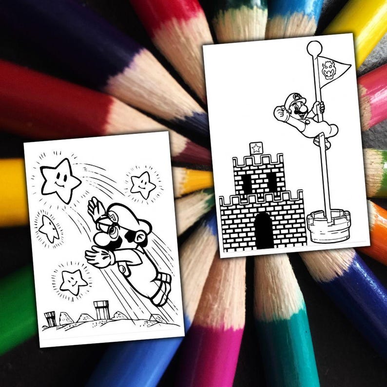 Peut inclure: Deux pages &agrave; colorier en noir et blanc mettant en sc&egrave;ne des personnages de Mario. L'une montre Mario volant avec des &eacute;toiles, l'autre Mario grimpant &agrave; un drapeau pr&egrave;s d'un ch&acirc;teau. Le fond est un ensemble color&eacute; de crayons de couleur.