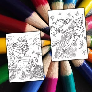 May include: Two black and white coloring pages featuring Peter Pan and friends. One shows Peter Pan flying over a ship, the other over Big Ben. The pages are surrounded by a colorful array of sharpened colored pencils.