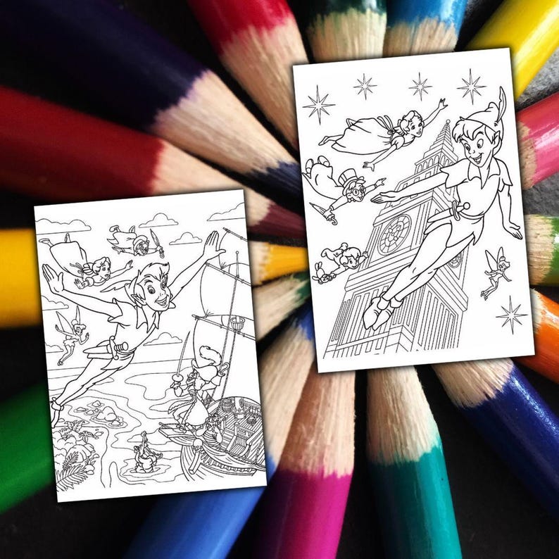 May include: Two black and white coloring pages featuring Peter Pan and friends. One shows Peter Pan flying over a ship, the other over Big Ben. The pages are surrounded by a colorful array of sharpened colored pencils.