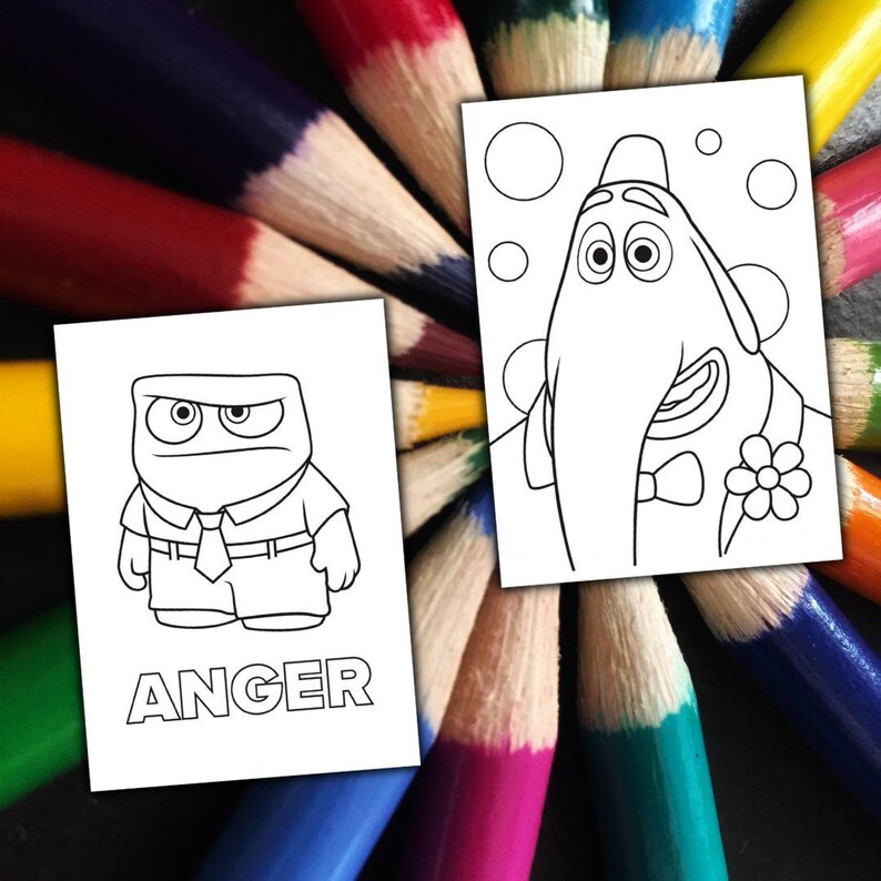 May include: Two black and white coloring pages featuring characters from the movie Inside Out. One page has the word "ANGER" below the character. The pages are surrounded by a fan of colorful pencils.