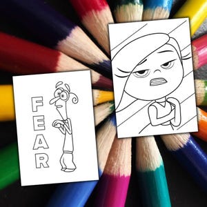May include: Two black and white coloring pages featuring characters from the movie Inside Out. One page has the word "FEAR" and a character illustration. The other page shows a character with arms crossed. The pages are surrounded by a fan of colored pencils.