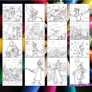 May include: A collection of black and white coloring pages featuring characters from the Peter Pan animated film. The images include Peter Pan, Tinkerbell, Captain Hook, and other characters in various scenes.