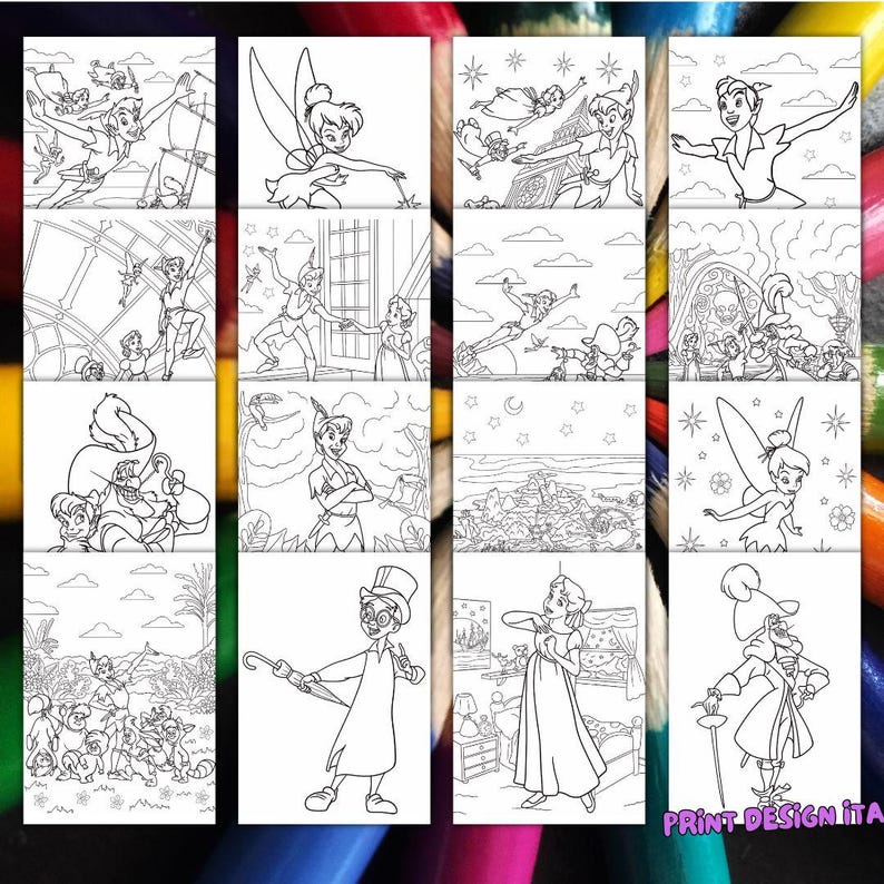 May include: A collection of black and white coloring pages featuring characters from the Peter Pan animated film. The images include Peter Pan, Tinkerbell, Captain Hook, and other characters in various scenes.