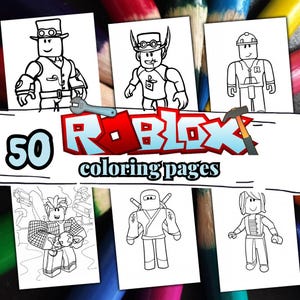 May include: A collection of 50 Roblox coloring pages. The pages feature various Roblox characters in black and white line art, ready for coloring. The Roblox logo is prominently displayed, along with the text "coloring pages".