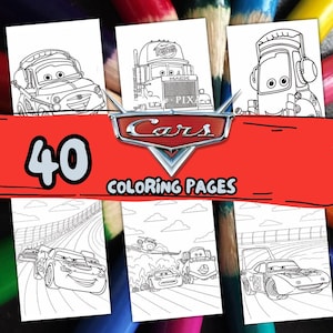 May include: A set of 40 Cars coloring pages featuring various characters and scenes from the animated movie. The pages are black and white line drawings, perfect for coloring. The Cars logo is prominently displayed, along with the text "Coloring Pages".