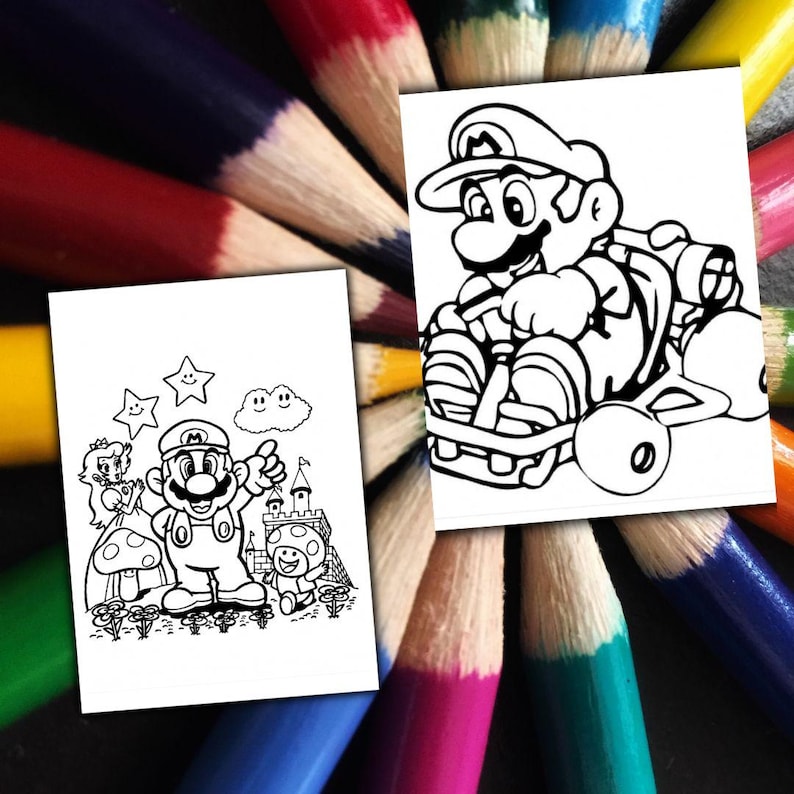 Peut inclure: Deux pages &agrave; colorier en noir et blanc repr&eacute;sentant des personnages de Mario. L'une montre Mario avec la princesse Peach, un champignon et un ch&acirc;teau. L'autre repr&eacute;sente Mario dans un kart. Les pages sont entour&eacute;es d'un &eacute;ventail color&eacute; de crayons de couleur taill&eacute;s.