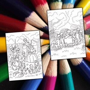 May include: Two black and white coloring pages featuring cartoon characters and forest scenes. The pages are surrounded by a fan of colorful pencils, with the tips of the pencils visible around the edges.
