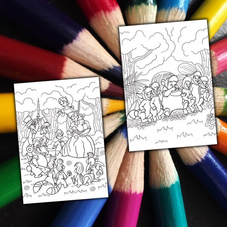 May include: Two black and white coloring pages featuring cartoon characters and forest scenes. The pages are surrounded by a fan of colorful pencils, with the tips of the pencils visible around the edges.
