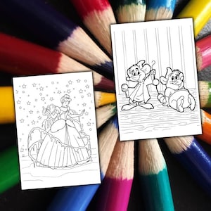 Może przedstawiać: Dwie strony książki do kolorowania z ilustracjami liniowymi. Jedna przedstawia księżniczkę w sukni balowej, otoczoną gwiazdami. Druga przedstawia dwie myszy z kresk&oacute;wek. Strony są umieszczone na tle kolorowych, zaostrzonych oł&oacute;wk&oacute;w.