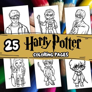 May include: A set of 25 Harry Potter coloring pages. The pages show black and white illustrations of characters from the Harry Potter series, including Harry, Ron, and Hermione. The title is displayed on a gold banner.