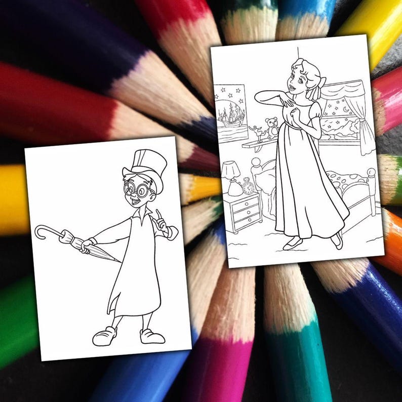 May include: Two black and white coloring pages featuring cartoon illustrations. One depicts a character with a top hat and umbrella, the other shows a woman in a nightgown. The pages are surrounded by a colorful array of sharpened colored pencils.
