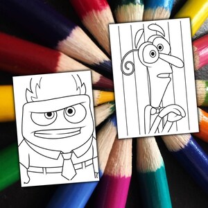May include: Two black and white line drawings of cartoon characters, one with an angry expression and the other with a worried expression, are displayed on a background of colorful, sharpened pencils arranged in a circular pattern.