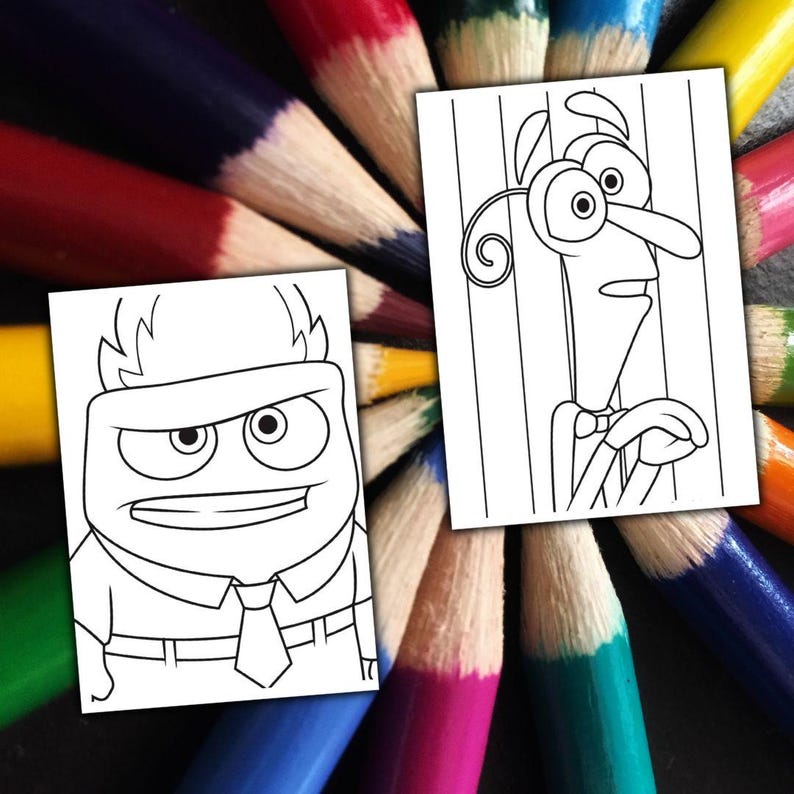 May include: Two black and white line drawings of cartoon characters, one with an angry expression and the other with a worried expression, are displayed on a background of colorful, sharpened pencils arranged in a circular pattern.