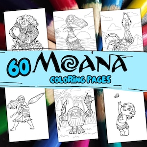 Può includere: Sei pagine da colorare in bianco e nero con personaggi del film d'animazione Moana. Il testo "60 MOANA COLORING PAGES" è visualizzato in un banner blu.