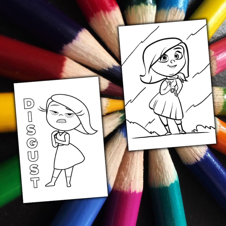 May include: Two black and white coloring pages featuring cartoon characters, one with the word "DISGUST" vertically. The pages are surrounded by a colorful array of sharpened colored pencils, creating a vibrant background.