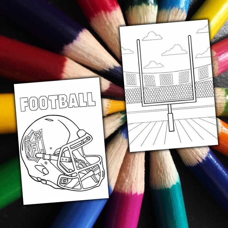 May include: Two white pages with black line drawings of football-themed images. One page features a football helmet with the text "FOOTBALL" above it. The other page shows a football field with a goalpost and stadium seating.
