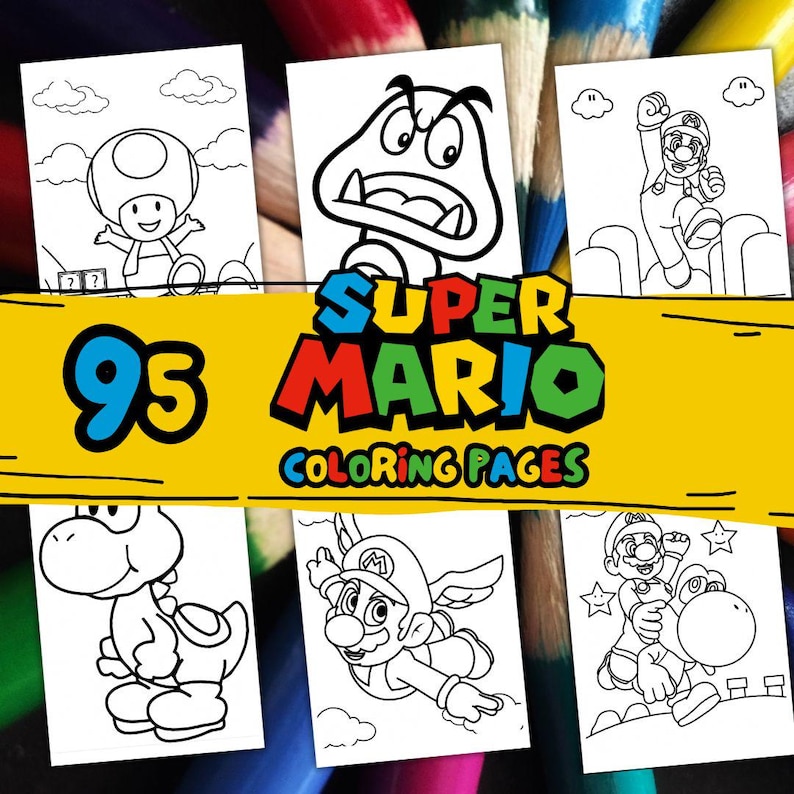 Peut inclure: Un ensemble de 95 pages &agrave; colorier Super Mario. Les pages pr&eacute;sentent divers personnages de la franchise Super Mario, dont Mario, Yoshi et Toad. Le titre "Super Mario Coloring Pages" est affich&eacute; en texte color&eacute;.