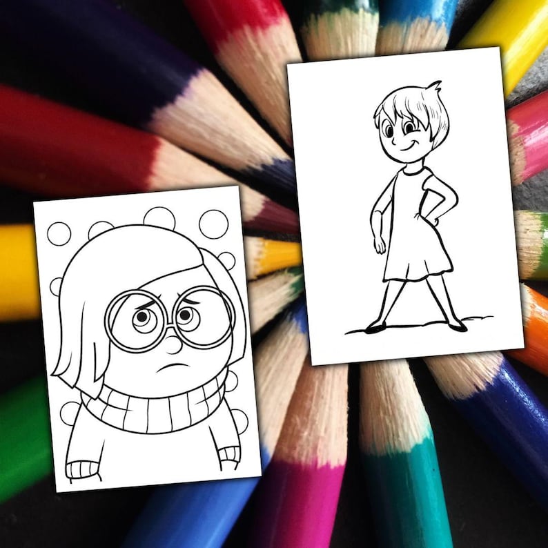 May include: Two black and white illustrations of characters from the animated movie "Inside Out" are displayed. One shows a character with glasses and a sad expression, while the other depicts a character in a dress with a confident pose. The illustrations are surrounded by a fan of colored pencils.