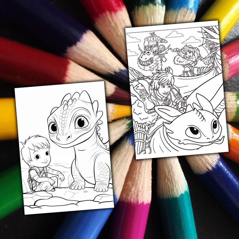May include: Two black and white colouring pages featuring characters from the "How to Train Your Dragon" franchise. One shows a boy with a dragon, the other shows characters riding dragons. The pages are surrounded by a colourful array of coloured pencils.