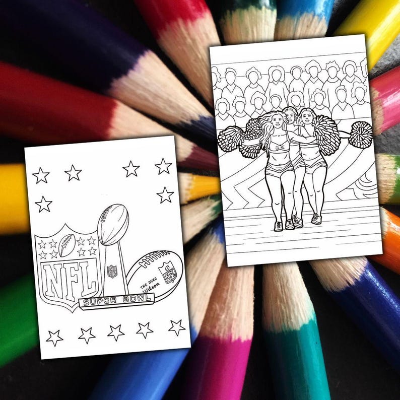 May include: Two black and white coloring pages with sports themes. One shows the NFL Super Bowl logo, a football, and a trophy. The other depicts three cheerleaders with pom-poms. The pages are surrounded by coloured pencils.