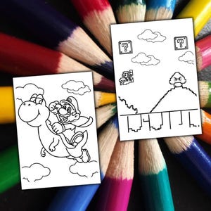 Peut inclure: Deux pages &agrave; colorier en noir et blanc repr&eacute;sentant des personnages de la s&eacute;rie de jeux vid&eacute;o Super Mario. L'une montre Mario chevauchant Yoshi, et l'autre repr&eacute;sente une sc&egrave;ne pix&eacute;lis&eacute;e avec Mario, des blocs de points d'interrogation et des nuages. Les pages sont entour&eacute;es de crayons de couleur.