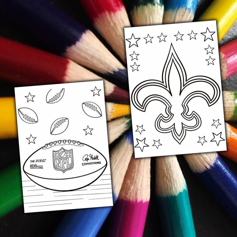 May include: Two black and white coloring pages with football and fleur-de-lis designs. The football page includes the text "THE DUKE Wilson NFL COMMISSIONER". The pages are surrounded by a colourful array of sharpened coloured pencils.