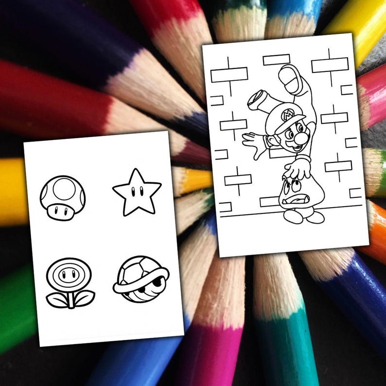 Peut inclure: Deux pages &agrave; colorier blanches avec des personnages et ic&ocirc;nes de Super Mario, dont Mario, un champignon, une &eacute;toile, une fleur et une carapace de tortue. Les pages sont entour&eacute;es d'un &eacute;ventail color&eacute; de crayons de couleur taill&eacute;s.