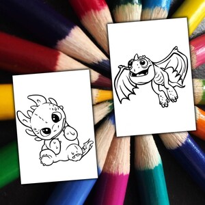 May include: Two white cards feature black line drawings of dragons, set against a backdrop of colourful pencils. One dragon is seated, the other is in flight. The pencils are arranged radially, their tips converging towards the centre.