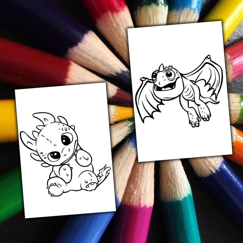 May include: Two white cards feature black line drawings of dragons, set against a backdrop of colourful pencils. One dragon is seated, the other is in flight. The pencils are arranged radially, their tips converging towards the centre.