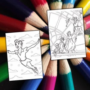 May include: Two black and white coloring pages featuring Peter Pan characters. One shows Peter Pan flying, and the other depicts Peter Pan, Wendy, John, Michael, and Tinkerbell. The pages are surrounded by a colorful array of sharpened colored pencils.