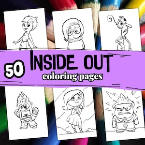 May include: A collection of 50 Inside Out coloring pages featuring characters like Joy, Sadness, and Anger. The pages are black and white line drawings, perfect for coloring. The title is displayed on a purple banner.