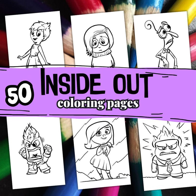 May include: A collection of 50 Inside Out coloring pages featuring characters like Joy, Sadness, and Anger. The pages are black and white line drawings, perfect for coloring. The title is displayed on a purple banner.