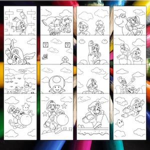 Peut inclure: Une collection de pages &agrave; colorier en noir et blanc repr&eacute;sentant diverses sc&egrave;nes et personnages de la s&eacute;rie de jeux vid&eacute;o Super Mario. Les pages incluent des images de Mario, Luigi, Princesse Peach, Yoshi et d'autres &eacute;l&eacute;ments embl&eacute;matiques.