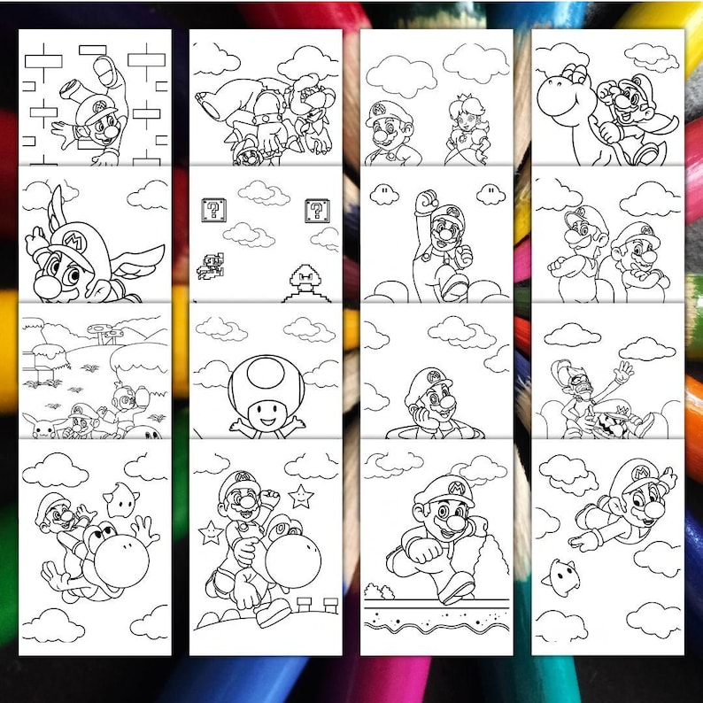 Peut inclure: Une collection de pages &agrave; colorier en noir et blanc repr&eacute;sentant diverses sc&egrave;nes et personnages de la s&eacute;rie de jeux vid&eacute;o Super Mario. Les pages incluent des images de Mario, Luigi, Princesse Peach, Yoshi et d'autres &eacute;l&eacute;ments embl&eacute;matiques.