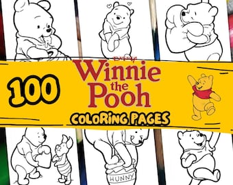 May include: A collection of Winnie the Pooh coloring pages. The image features multiple black and white illustrations of Winnie the Pooh and friends, with the text "100 Coloring Pages" and "Winnie the Pooh" in a yellow and red banner.