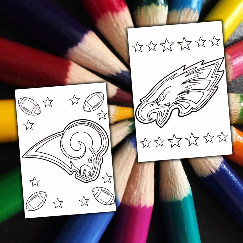 May include: Two black and white coloring pages with football team logos, set against a backdrop of coloured pencils. One page shows a ram's head, footballs, and stars. The other features an eagle's head, footballs, and stars.