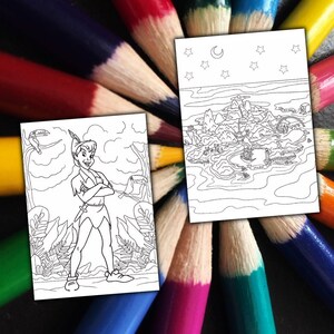 May include: Two coloring pages featuring Peter Pan and Neverland scenes, surrounded by a colorful array of sharpened colored pencils. The Peter Pan page shows the character with arms crossed. The Neverland page depicts a detailed map.