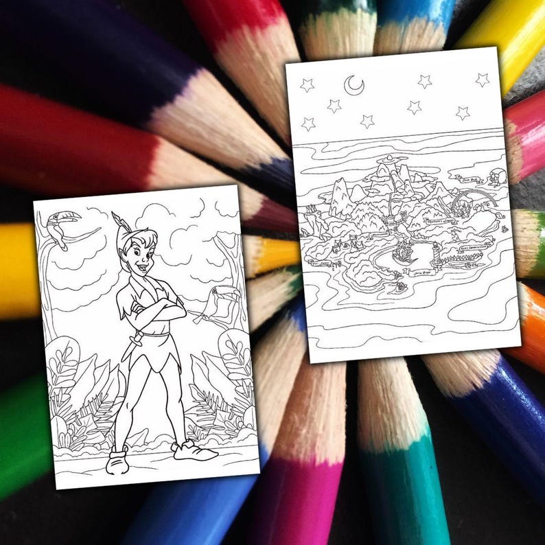 May include: Two coloring pages featuring Peter Pan and Neverland scenes, surrounded by a colorful array of sharpened colored pencils. The Peter Pan page shows the character with arms crossed. The Neverland page depicts a detailed map.