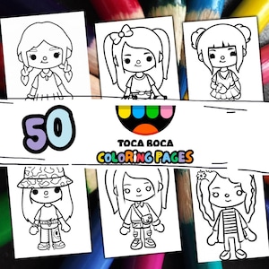 Può includere: Sei pagine da colorare in bianco e nero con personaggi dei cartoni animati. Le pagine mostrano diversi personaggi con varie acconciature e abiti. Il testo "50" e "Toca Boca Coloring Pages" sono anche visibili.
