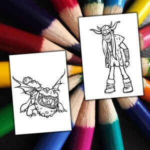 May include: Two white cards featuring black line drawings of characters from "How to Train Your Dragon". One shows a dragon, the other a Viking character. The cards are set against a backdrop of a fan of coloured pencils.