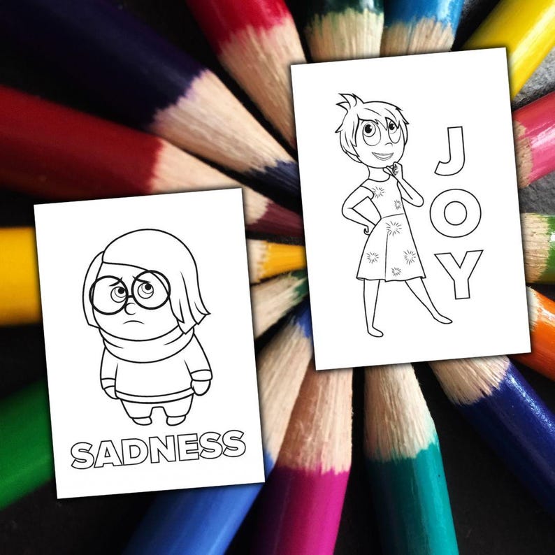 May include: Two black and white coloring pages featuring characters from the movie Inside Out. One shows a character labeled "SADNESS", the other shows a character labeled "JOY". The pages are surrounded by a fan of colorful pencils.