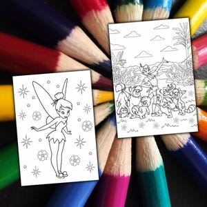 May include: Two coloring pages featuring cartoon characters, surrounded by a fan of colored pencils. One page shows a fairy with stars and flowers. The other depicts a scene with multiple characters in a forest setting.