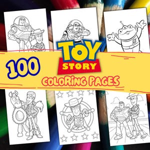 Può includere: Una collezione di 100 pagine da colorare di Toy Story con Buzz Lightyear, Woody e altri personaggi. Il titolo "Toy Story Coloring Pages" è visualizzato in rosso e giallo, con il numero "100" in blu.