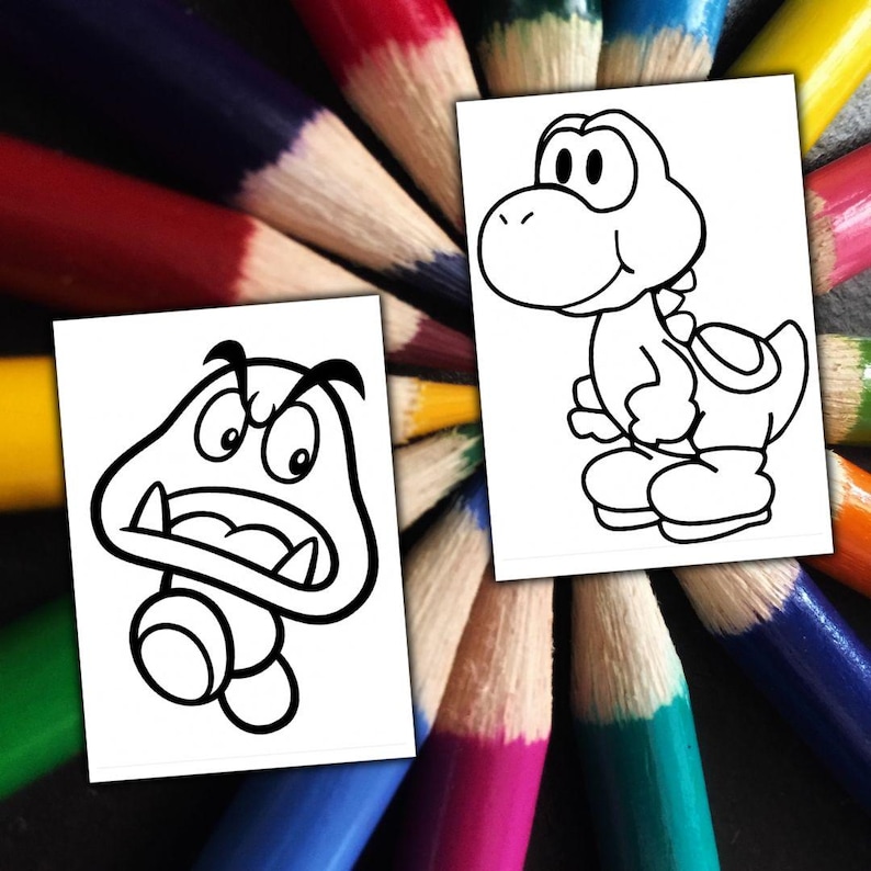 Peut inclure: Deux cartes blanches avec des dessins au trait noirs de personnages de dessins anim&eacute;s : un champignon en col&egrave;re et un dinosaure amical. Les cartes sont entour&eacute;es d'un &eacute;ventail de crayons de couleur taill&eacute;s.