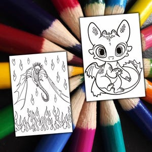 May include: Two black and white dragon colouring pages are displayed against a background of colourful pencils. One page features a dragon with flames, and the other shows a cute dragon with large eyes and wings. The pencils are arranged in a radial pattern.